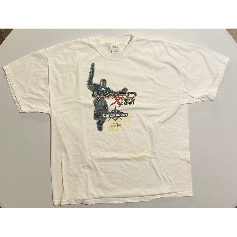VTG Y2K Xbox 360 Crackdown‎ Wired Energy Drink Promo T-Shirt White XL Gaming